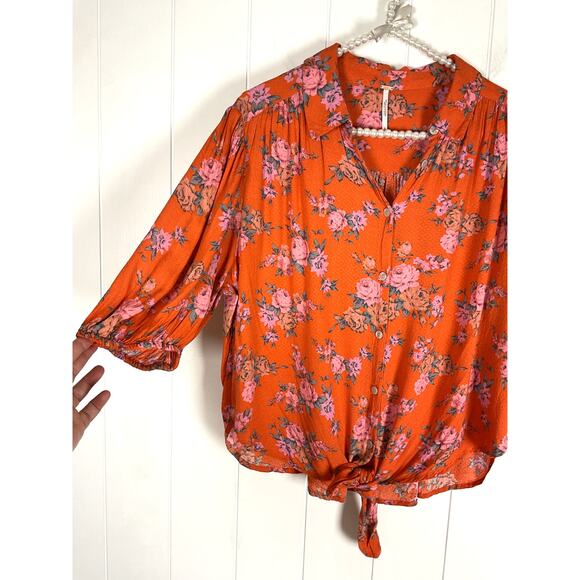 Free People Celia Floral Print Tie Front Button Up Short Sleeve Blouse Orange L - Picture 4 of 9